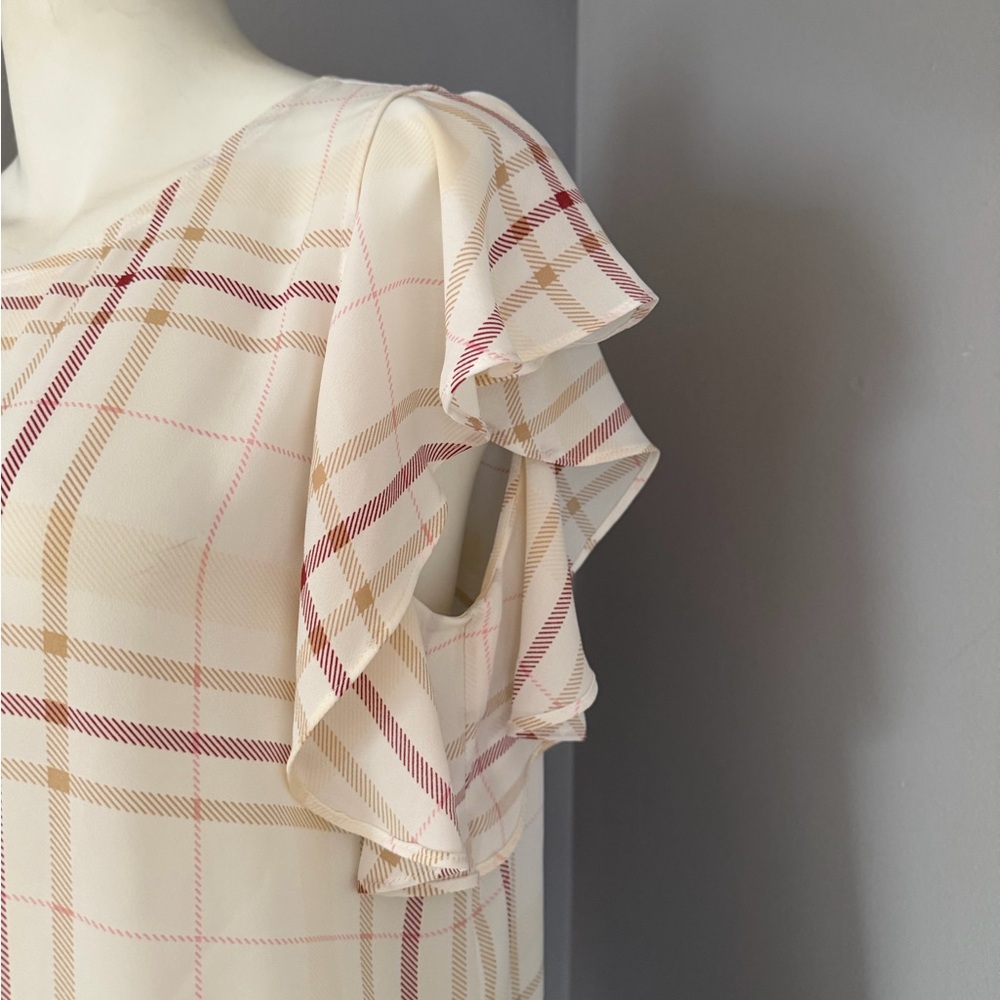 Ann Taylor Factory Cream Plaid Flutter Sleeve Top with Rose and Tan Stripes - Picture 3 of 3